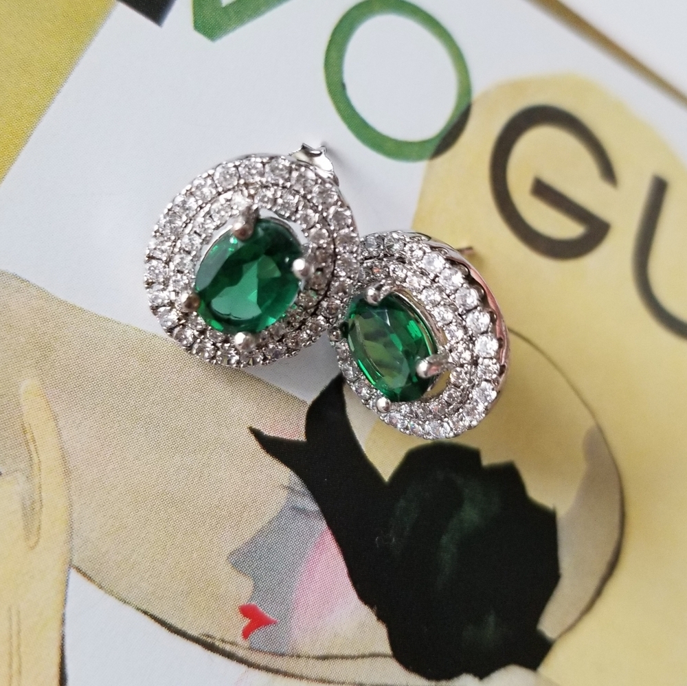 ❗Vintage Emerald Rhinestone Oval Statement Stud Earrings❗